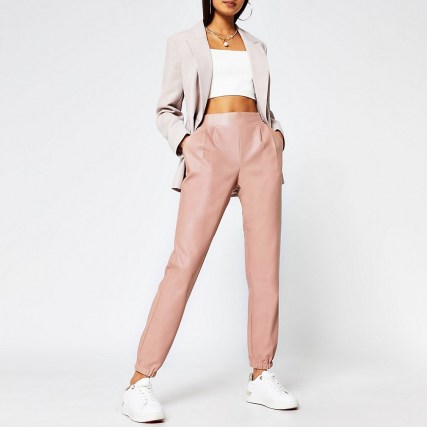 RIVER ISLAND Beige faux leather slim joggers ~ sports luxe jogging bottoms - flipped