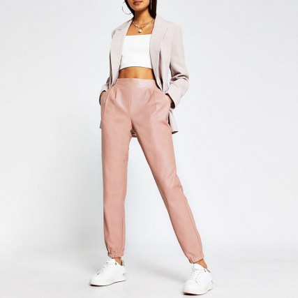 RIVER ISLAND Beige faux leather slim joggers ~ sports luxe jogging bottoms