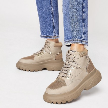 RIVER ISLAND Beige lace up hiker ankle boot ~ walking boots - flipped