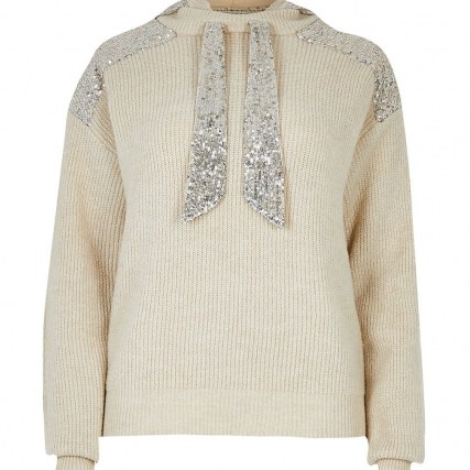 River Island Beige long sleeve sequin panel hoody | sparkly knitted hoodies - flipped