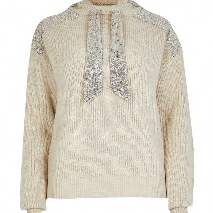 River Island Beige long sleeve sequin panel hoody | sparkly knitted hoodies
