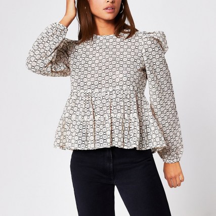 River Island Beige peplum lace puff sleeve top | tops with volume - flipped
