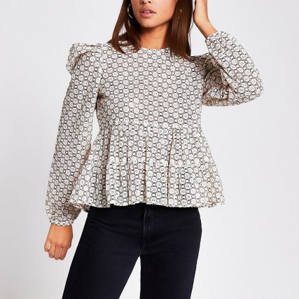 River Island Beige peplum lace puff sleeve top | tops with volume