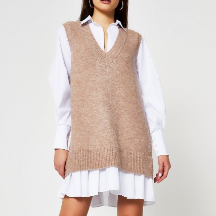 River Island Beige poplin tunic dress | knitted overlay dresses - flipped