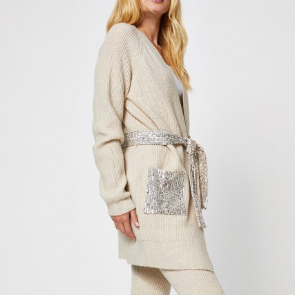 River Island Beige sequin cable knit belted cardigan | sequinned cardigans | neutral knitwear - flipped