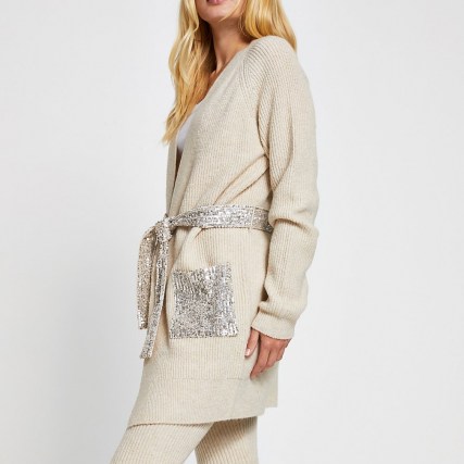 River Island Beige sequin cable knit belted cardigan | sequinned cardigans | neutral knitwear