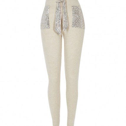 River Island Beige sequin knitted joggers | sequin embellished rib knit jogging bottoms - flipped