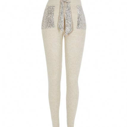 River Island Beige sequin knitted joggers | sequin embellished rib knit jogging bottoms