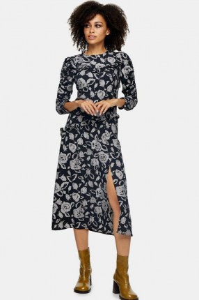 TOPSHOP Black And White Oversized Floral Midi Dress – front slit dresses
