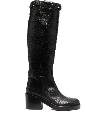 Ann Demeulemeester crinkled leather knee-length boots ~ black textured chunky heel boot ~ winter footwear