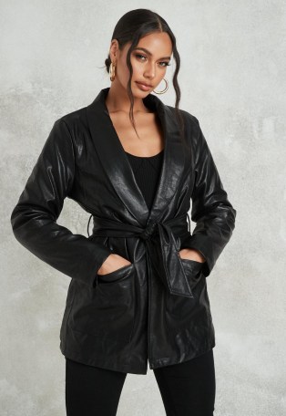 Missguided black borg lined belted faux leather jacket ~ self tie jackets - flipped