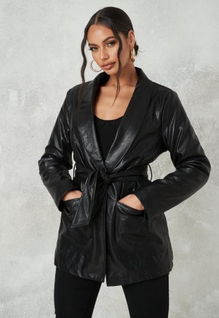 Missguided black borg lined belted faux leather jacket ~ self tie jackets