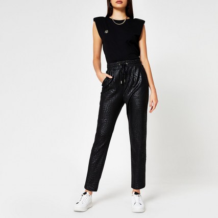RIVER ISLAND Black croc coated joggers ~ sports luxe trousers - flipped