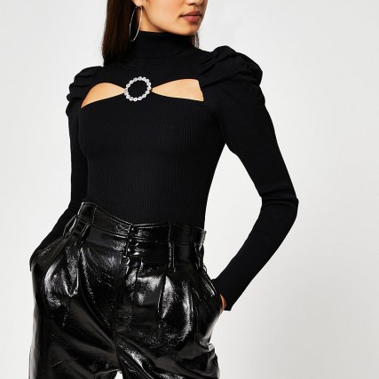 River Island Black cut out diamante buckle top | puff sleeve evening tops | high neck - flipped