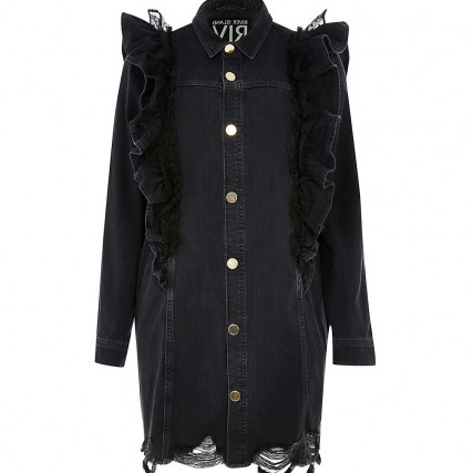 Black denim mesh frill shirt dress | ruffle trimmed dresses | frayed hem - flipped