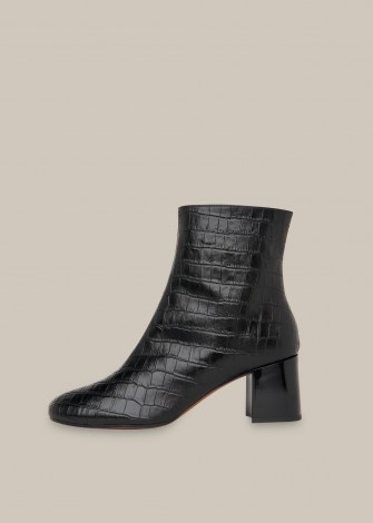 WHISTLES ELORA CROC BLOCK HEEL BOOT / black crocodile effect leather boots - flipped