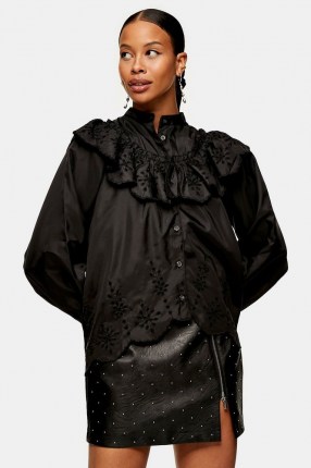 Topshop Black Embroidered Yoke Blouse | voluminous blouses