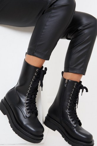IN THE STYLE BLACK FAUX LEATHER HIGH LACE UP BOOTS ~ chunky combat boots
