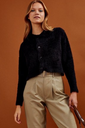 Topshop Black Fluffy Ribbed Polo Cardigan | collared cardigans - flipped