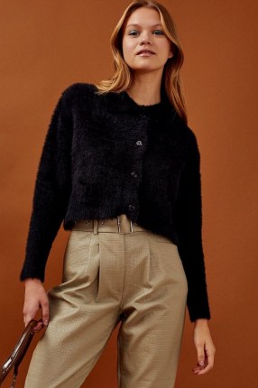 Topshop Black Fluffy Ribbed Polo Cardigan | collared cardigans