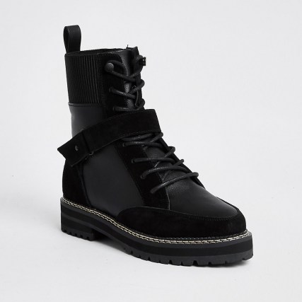 RIVER ISLAND Black lace up suede hiker boot ~ front strap detail boots - flipped