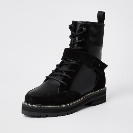 RIVER ISLAND Black lace up suede hiker boot ~ front strap detail boots
