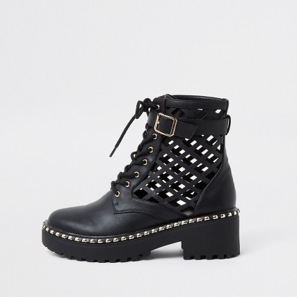 RIVER ISLAND Black lazer cut ankle boot ~ chunky cut-out boots