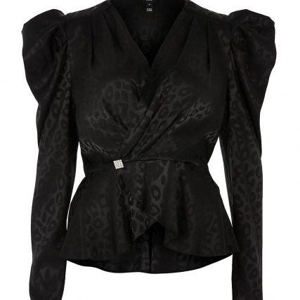 RIVER ISLAND Black long sleeve animal jacquard wrap top / structured puff sleeve tops / glamorous vintage style blouse - flipped