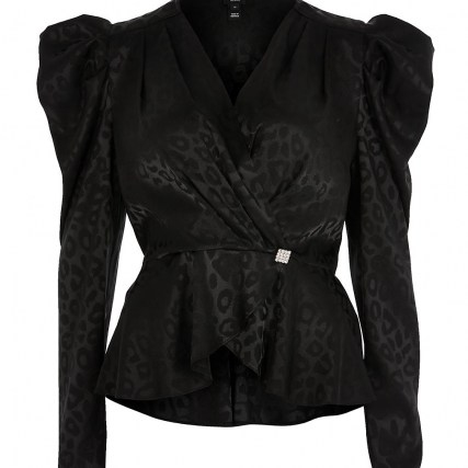 RIVER ISLAND Black long sleeve animal jacquard wrap top / structured puff sleeve tops / glamorous vintage style blouse