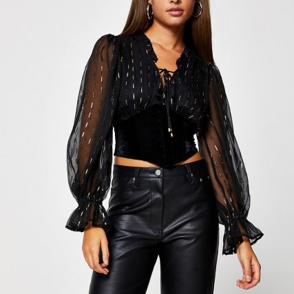 River Island Black long sleeve corset lurex blouse top | fitted evening blouses - flipped