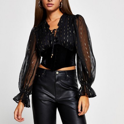 River Island Black long sleeve corset lurex blouse top | fitted evening blouses