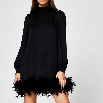RIVER ISLAND Black long sleeve feather swing mini dress ~ lbd ~ party dresses - flipped