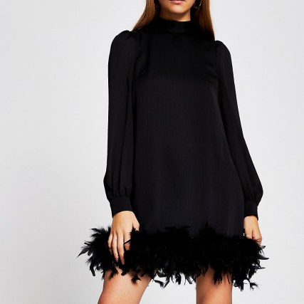 RIVER ISLAND Black long sleeve feather swing mini dress ~ lbd ~ party dresses