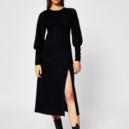 River Island Black long sleeve front split midi dress | thigh high slit dresses - flipped