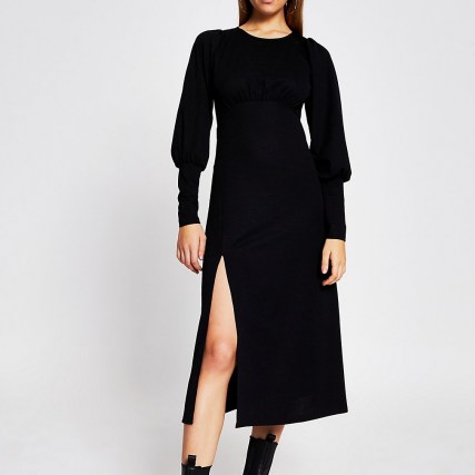 River Island Black long sleeve front split midi dress | thigh high slit dresses