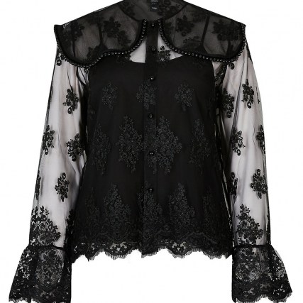 RIVER ISLAND Black long sleeve lace collar top ~ semi sheer tops ~ romantic style fashion - flipped