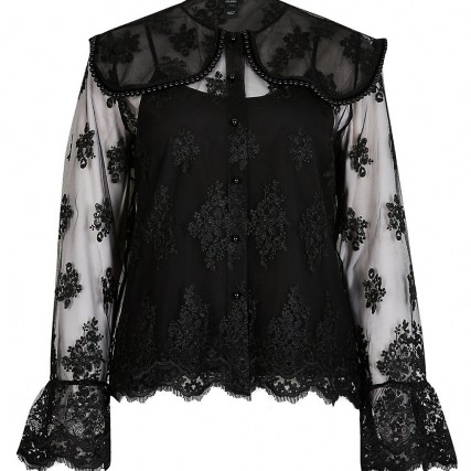RIVER ISLAND Black long sleeve lace collar top ~ semi sheer tops ~ romantic style fashion