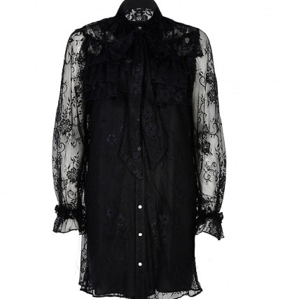 RIVER ISLAND Black long sleeve lace frill dress ~ sheer sleeve dresses ~ lbd - flipped