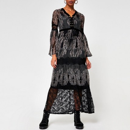 RIVER ISLAND Black long sleeve lace layer midi dress ~ semi sheer dresses - flipped