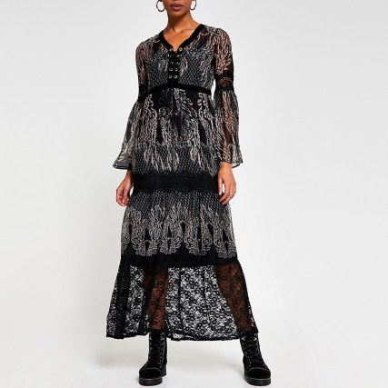 RIVER ISLAND Black long sleeve lace layer midi dress ~ semi sheer dresses