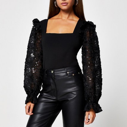 River Island Black long sleeve corset lurex blouse top | glamorous square neck evening tops | sparkly volume sleeved fashion - flipped
