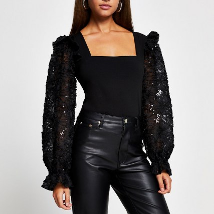 River Island Black long sleeve corset lurex blouse top | glamorous square neck evening tops | sparkly volume sleeved fashion