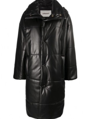 Nanushka Eska oversize padded coat ~ black curved hem coats ~ hooded winter outerwear - flipped