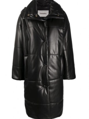 Nanushka Eska oversize padded coat ~ black curved hem coats ~ hooded winter outerwear