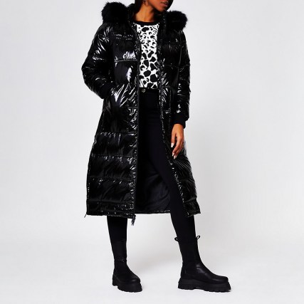 RIVER ISLAND Black oversized RI puffer coat ~ glossy hooded winter coats ~ padded outerwear - flipped