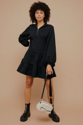 TOPSHOP Black Peplum Sweatshirt Mini Dress With Zip ~ casual frill hem dresses ~ weekend style fashion - flipped