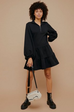 TOPSHOP Black Peplum Sweatshirt Mini Dress With Zip ~ casual frill hem dresses ~ weekend style fashion