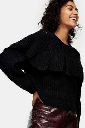 Topshop Black Pointelle Frill Knitted Jumper | ruffled jumpers | ruffle detail knitwear - flipped