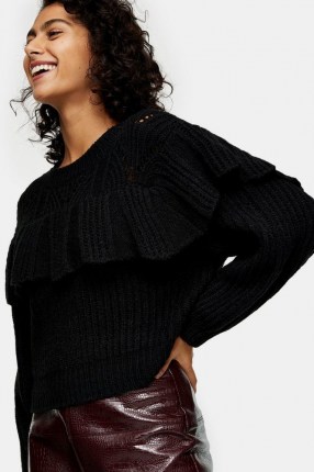 Topshop Black Pointelle Frill Knitted Jumper | ruffled jumpers | ruffle detail knitwear