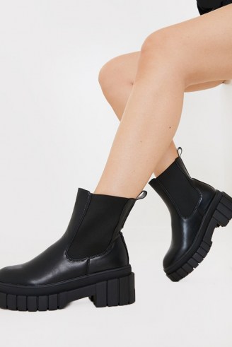 IN THE STYLE BLACK PU CHUNKY BIKER BOOT ~ thick sole ankle boots - flipped